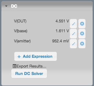 results from the DC analysis of the transistor amplifier